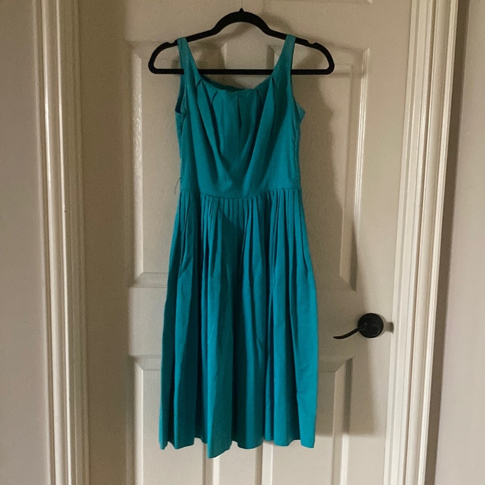 Vintage 1950’s Teena Paige Fit and Flare Dress Teal Pleated Blue Swing MIDI Mini - Picture 2 of 10